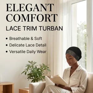 Detailaufnahme des eleganten schwarzen Turban mit feiner Spitzenborte für hohen Komfort.
