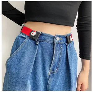 Stretch buckle-free lazy belt for women, adjustable elastic waist strap with cute cartoon decor.