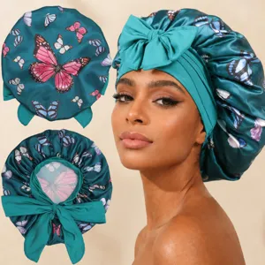 Satin butterfly print sleep cap hair care bonnet with bow tie ribbon detail for women and girls