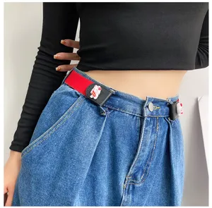 Elastic lazy belt detail shot featuring cute cartoon rabbit ornament and red stretchy design.