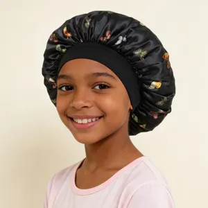 Kids satin sleep bonnet with wide elastic band and colorful butterfly print for hair care.