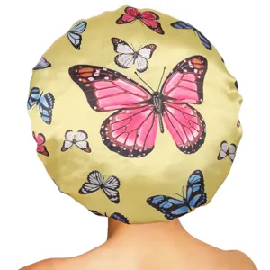Satin sleep bonnet for hair care with colorful butterfly print, wide band elastic night cap.