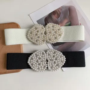 Ceinture Élastique pour Femmes Rétro Large Bande de Taille Avec Boucle Cœur Perle Strass Robe Manteau Ceinture Décorative