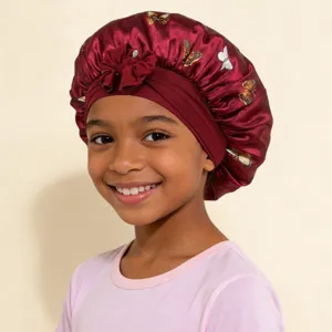 Kids satin hair bonnet with butterfly print comfortable sleep cap for girls hair care.