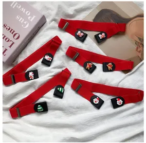 Red elastic lazy belt for women with cute cartoon rabbit and bear decorations for daily wear.
