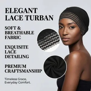 Elegant schwarzer Spitzenturban mit weichem atmungsaktiven Stoff und exquisiten Details.