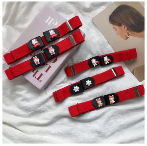 Red elastic lazy belt for women with cute cartoon rabbit and snowflake buckle design.