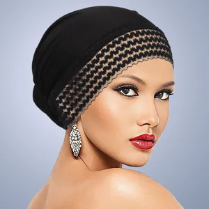 Schwarze Turban Mütze mit Spitze für Damen, elastische Stretch Kopfbedeckung für den Alltag.