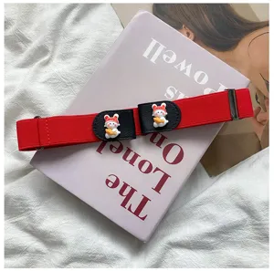 Red elastic lazy belt for women with cute cartoon rabbit buckle, no-punch stretch waist strap.