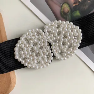 Femme ceinture élastique large avec boucle perle strass rétro extensible robe accessoire.