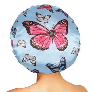 Silk satin sleep cap with beautiful butterfly print, elastic hair bonnet for night hair care.