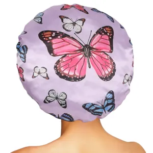 Satin hair bonnet for women, cute butterfly print sleep cap with elastic band