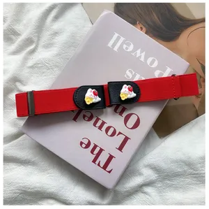 Close-up detail of the red elastic waist belt featuring cute cartoon rabbit buckle design.