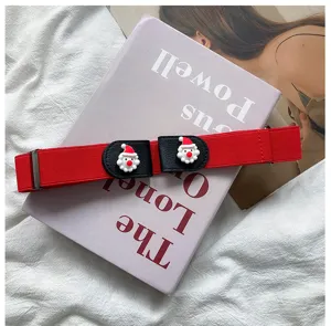 Red elastic stretch belt featuring cute Santa Claus cartoon buckles for festive holiday wear.