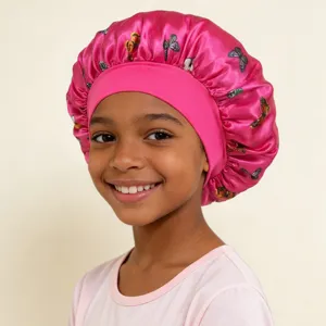 Children's satin sleep cap with wide elastic band and cute butterfly print for hair care.
