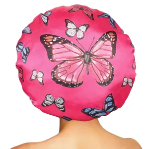 Pink satin hair bonnet for sleeping, soft elastic night cap with cute butterfly print design.