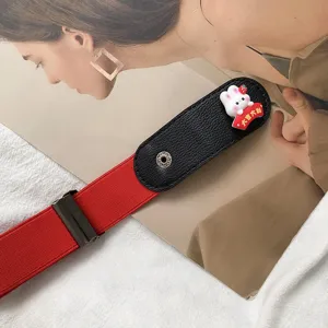 Red elastic lazy belt for women with cute cartoon rabbit decoration, punch-free waist design.