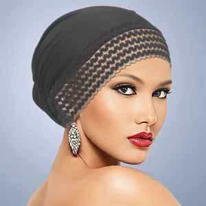 Schwarzer Turban mit Spitzenbesatz, hochelastisches Kopftuch, stilvolle Damen Kopfbedeckung.