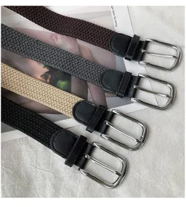 Elastic braided belt with pin buckle, versatile nylon woven design for daily wear.