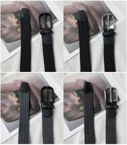 Detailed view of elastic woven belt showcasing durable nylon material and metal pin buckle.