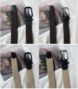 Woven stretch belt details, featuring pin buckles and durable nylon braided design for daily wear.