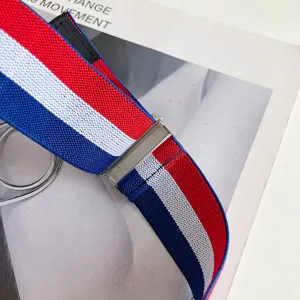Women elastic stretch belt stylish red white blue striped waist cinch with metal buckle.