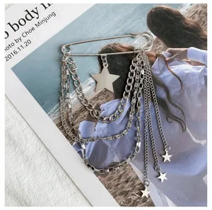 Fashion silver star chain brooch pin multi-layer metal safety pin for women clothing