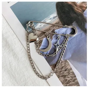 Silver heart moon star chain safety pin brooch stylish decorative waist tightening pin for women