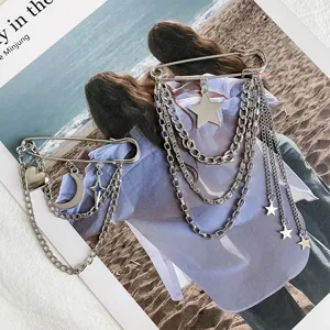 Alloy Metal Chain Safety Pin Brooch Heart Moon Star Pendant Waist Tightening Anti-Glare Brooch For Women Jewelry