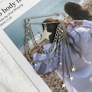 Silver safety pin brooch with multi-layer chains and star pendants for women clothing accessory