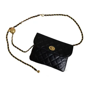Black quilted leather waist bag women belt vintage chain dress fashion decorative strap