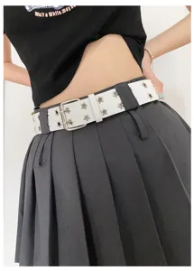 Y2K punk style white leather belt featuring star hollow rivets and a double pin buckle.
