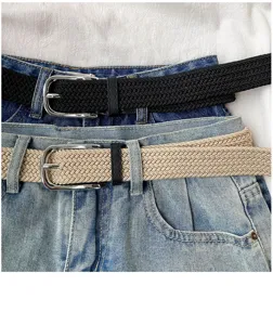 Detail shot of Japanese style elastic braided belt with silver pin buckle, unisex casual daily wear.