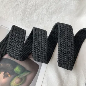 Black braided elastic belt, Japanese minimalist style, durable nylon material for daily wear.
