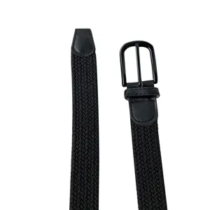 Black woven elastic belt for men and women, holeless pin buckle design for daily casual wear.