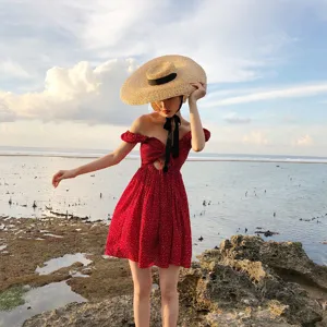 Chapeau de paille extra-large pour femme et élégante robe d'été à pois pour la plage.