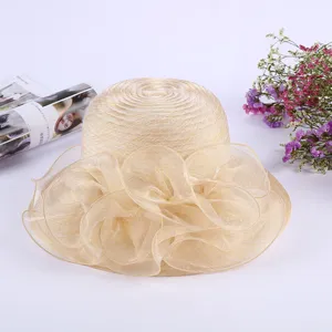 Women organza sun hat detailed view, elegant sheer ruffled brim UV protection beach summer hat.