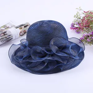 Women sun hat summer organza wide brim beach hat UV protection elegant floppy hat blue