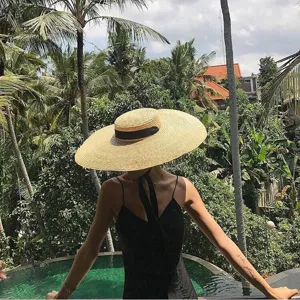 Chapeau de paille a larges bords style Hepburn chapeau de soleil plat ete plage vacances