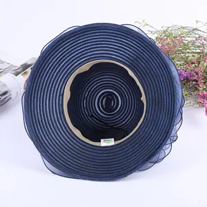 Summer women sun hat navy blue organza wide brim sun protection beach bucket hat uv