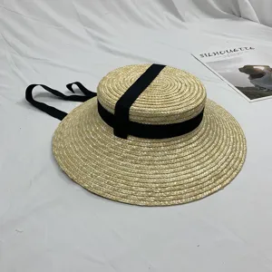 Dames platte strohoed zomer vintage zwarte lint strand zonnehut elegante boater hoed