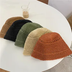 Chapeau seau en paille tressée d'été style japonais cloche bassin casquette protection solaire.