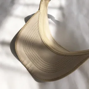 Gedetailleerd overzicht van beige zonnevizier hoed zonder top, fijn stiksel en ademend.