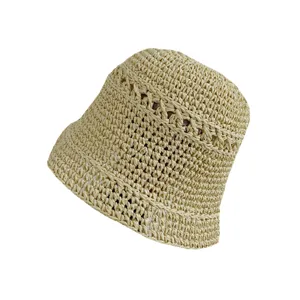 Chapeau seau en paille tressée d'été pour femme, chapeau cloche de protection solaire.