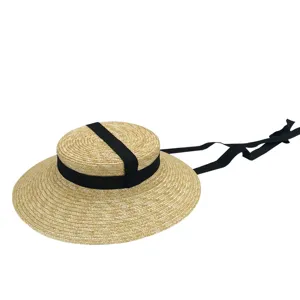 Platte strohoed voor dames met zwart lint, Franse elegante zomer strand zonnehoed voor vakantie.