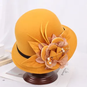 Chapeau cloche en feutre de laine jaune pour femme, chapeau melon vintage à fleurs élégantes.