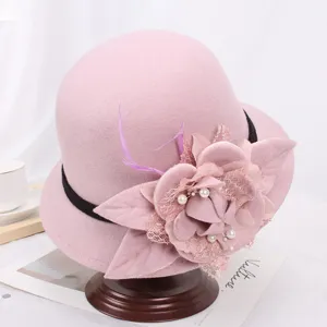 Chapeau Bob Vintage en Feutre de Laine pour Femmes Chapeau Melon Floral Élégant Chapeau d'Hiver