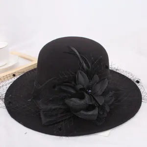 Detailed close-up of black wool felt basin hat with elegant floral decor and mesh veil.