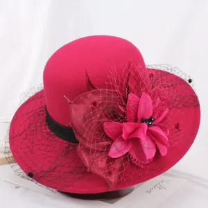 Women Winter Wool Felt Cloche Hat Elegant Flower Mesh Bowler Vintage Fedora Hat