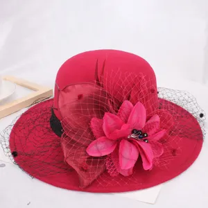 Women red wool felt basin hat elegant vintage Hepburn style flower mesh fisherman hat.
